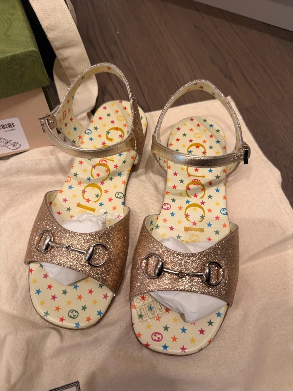 Gucci Kids Glitter Gold Buckle Sandals with Star Print Insole